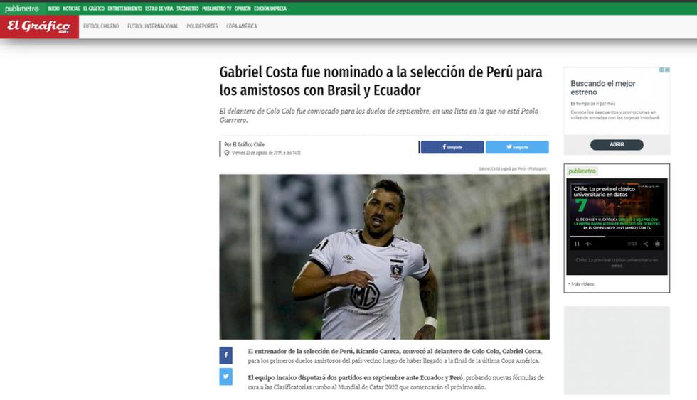 La prensa chilena reaccionó así tras el llamado de Costa a la Selección Peruana (Captura)