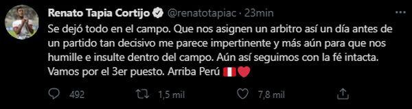 Renato Tapia publicó un mensaje en contra del trabajo de Roberto Tobar en Perú vs. Brasil. (Captura: Twitter)