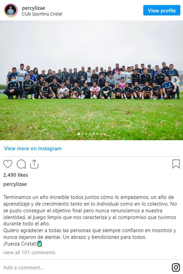 Percy Liza y su mensaje a la hinchada de Sporting Cristal. (Foto: Instagram)