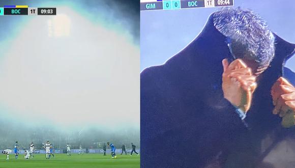 Boca Juniors y Gimnasia sufriendo del humo de bombas lacrimógenas por incidentes afuera del estadio. (ESPN)