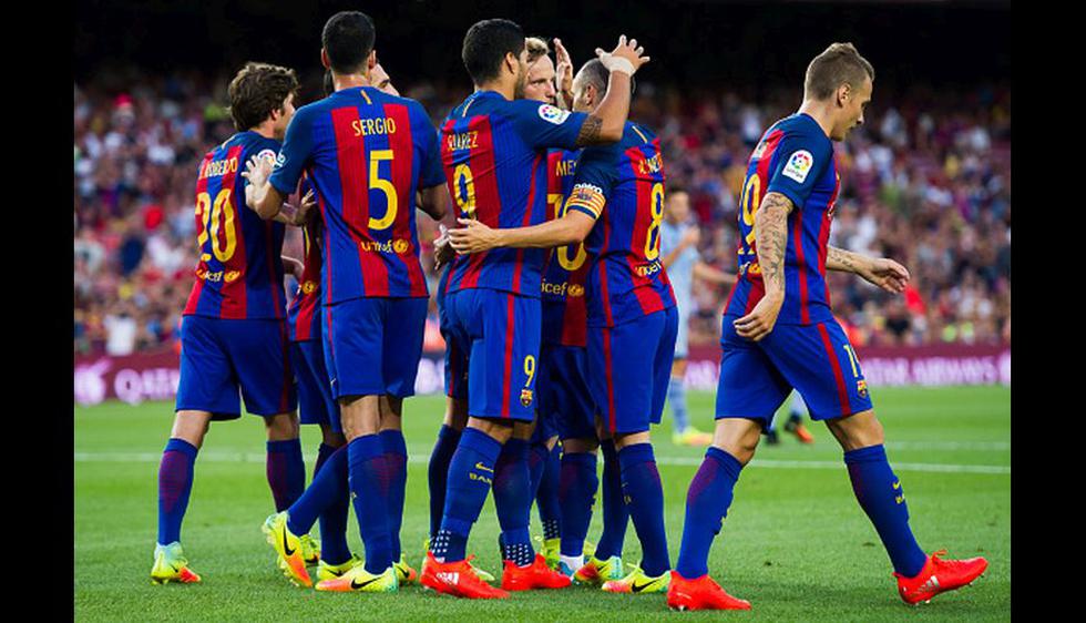 Los azulgranas, en la celebración de un gol de Messi. (AFP / Getty Images)