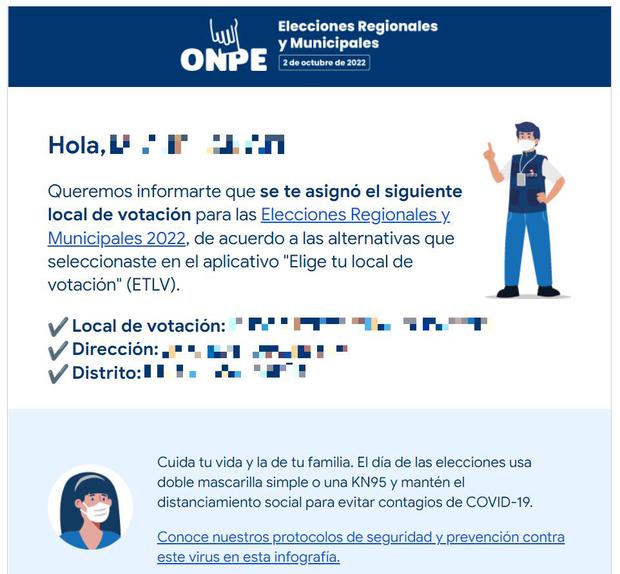 La ONPE envía esta confirmación de local de votación por correo electrónico.