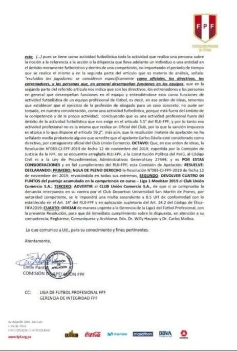 Le devolvieron puntos a Unión Comercio