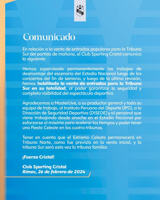 Comunicado de Sporting Cristal. (Foto: Twitter)