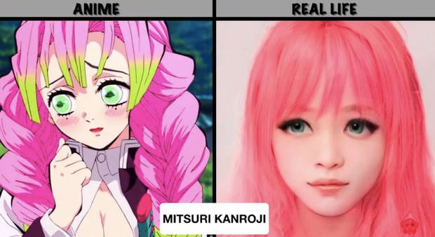 En esta reconstrucción de inteligencia artificial, falta que Mitsuri Kanroji tenga las puntas de cabello de color verde claro (Foto: Anime Data PH)