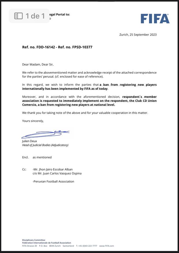 The sanction imposed by FIFA on Unión Comercio.  (Photo: FIFA)