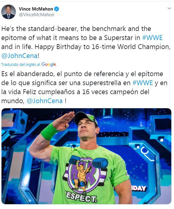 El saludo de Vince McMahon a John Cena por su cumpleaños número 43. (Twitter)