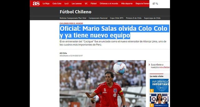 Así informaron en Chile sobre la llegada de Mario Salas. (AS)