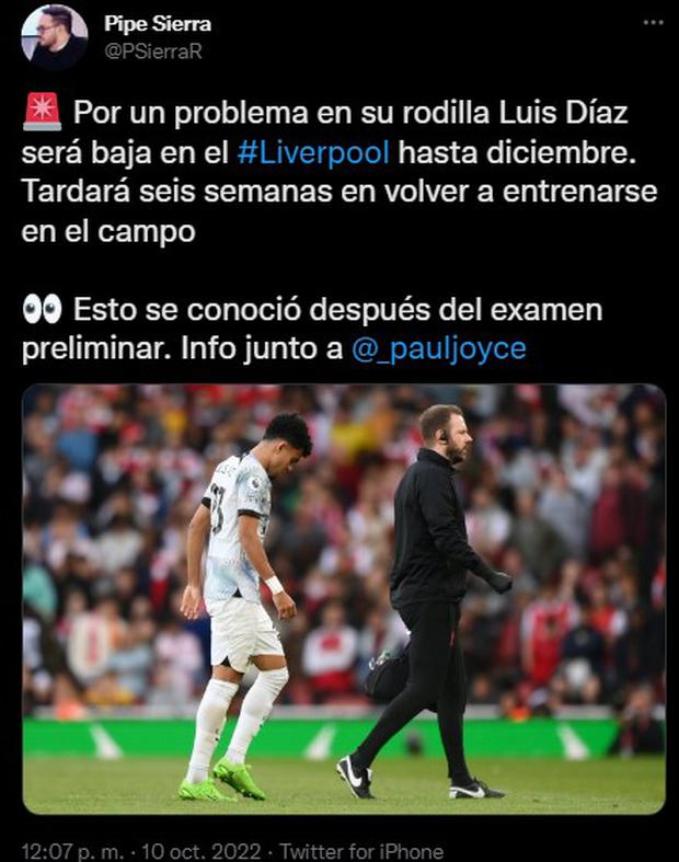 Luis Diaz will be out until December, according to Pipe Sierra, journalist for Win Sports. (Photo: Twitter Capture)