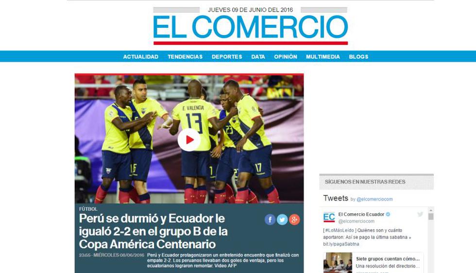 &quot;Perú se durmió y Ecuador lo igualó&quot;. (El Comercio)