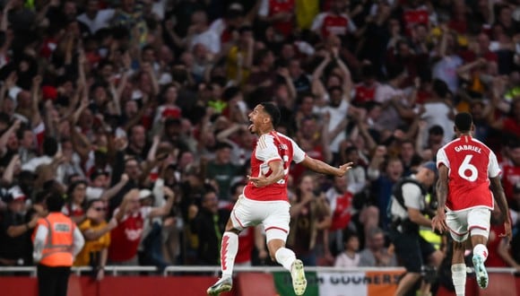 Arsenal's Gabriel Jesus celebrates after scoring a goal during the English Premier League soccer match between Arsenal FC and Manchester City, in London, Britain, 08 October 2023. (United Kingdom, London) | Photo by Daniel Hambury / EFE / EPA