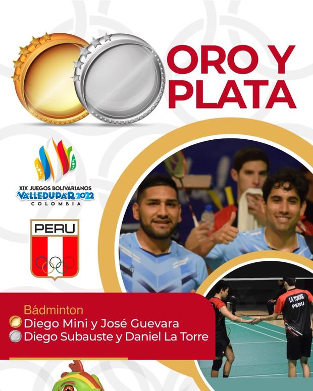 Diego Mini - José Guevara se cuelgan medalla de oro en bádminton. (Foto: Comité Olímpico Perú)