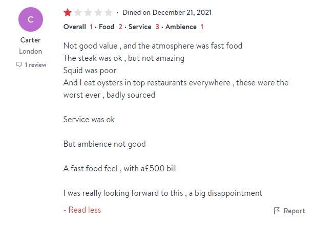 El cliente se quejó del ambiente que ofrece el restaurante de Salt Bae en Londres. (Foto: OpenTable)