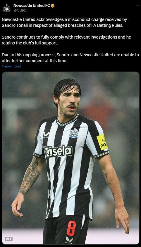 Newcastle se pronuncia ante los nuevos delitos de Sandro Tonali. (Foto: Captura de 'X').