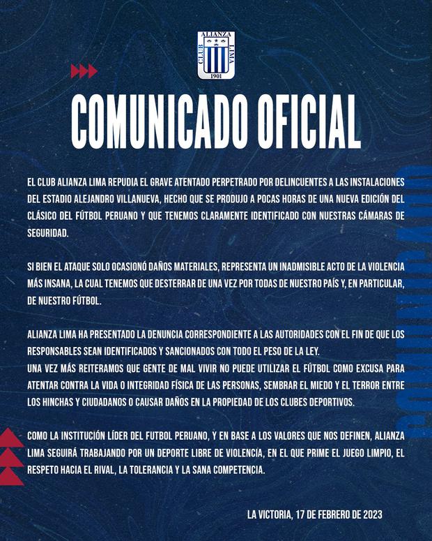 El comunicado de Alianza Lima denunciando el atentado en contra del estadio Alejandro Villanueva. (Imagen: Alianza Lima)