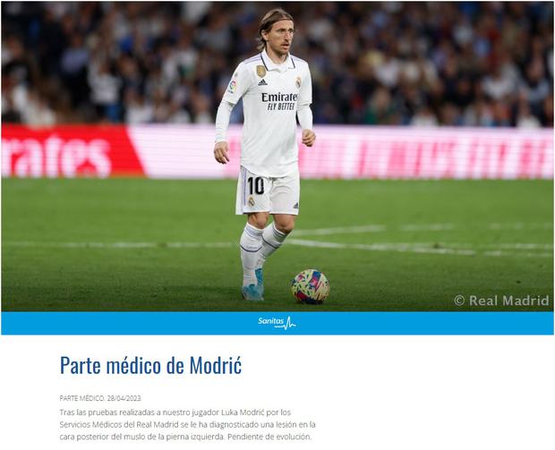 Comunicado de Real Madrid tras lesión de Luka Modric. (Captura: Web de Real Madrid)