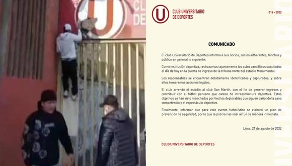 El cuadro crema lamentó las acciones violentas en el Estadio Monumental. Foto: Difusión/@Universitario.