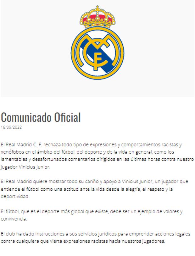 Comunicado del Real Madrid luego de las declaraciones racistas en contra de Vinicius Junior. (Foto: Captura)