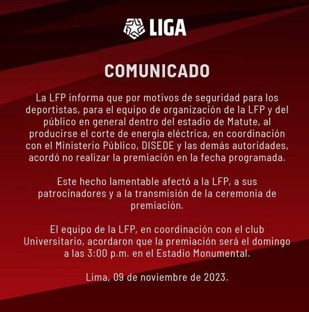 Comunicado de Liga De Fútbol Profesional tras la fallida premiación de Universitario en Matute.