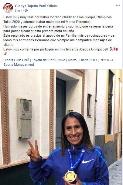 La publicación de Gladys Tejeda tras su éxito en la Zurich Maratón de Sevilla.