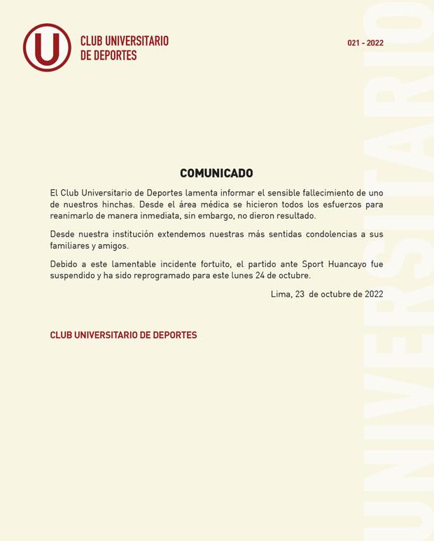 Comunicado de Universitario de Deportes por partido ante Sport Huancayo. (Twitter)