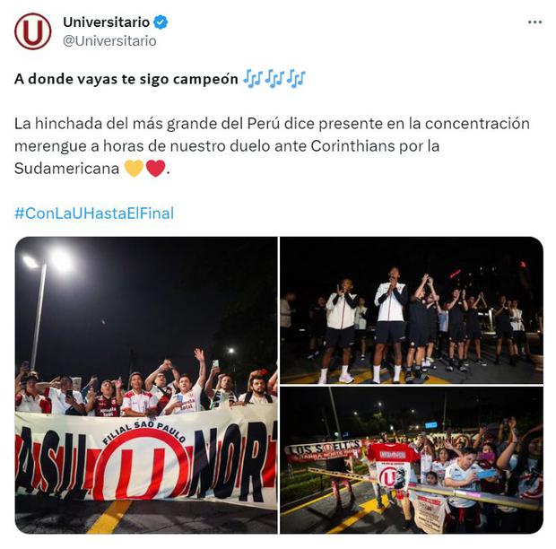 Hinchas de Universitario llegaron al hotel de concentración en Sao Paulo para el banderazo, previo al duelo contra Corinthians. (Foto: Twitter)