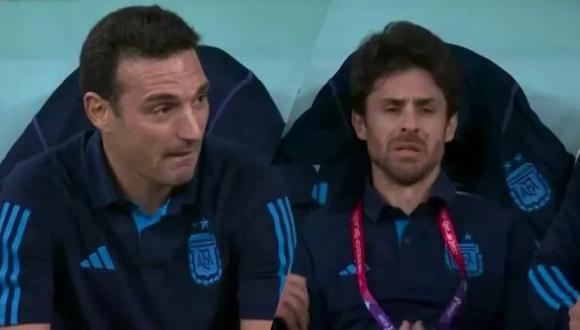 Lionel Scaloni y Pablo Aimar llorando en los goles de Argentina a México en Qatar 2022. (Foto: TyC Sports)