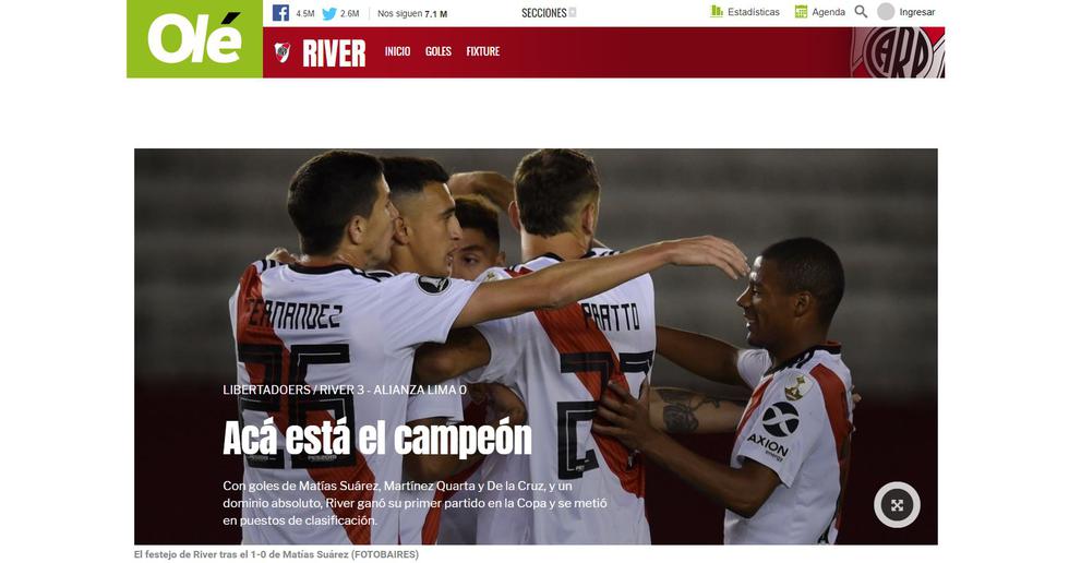 Así reaccionó la prensa argentina ante la victoria de River Plate sobre Alianza Lima. (Foto: captura)