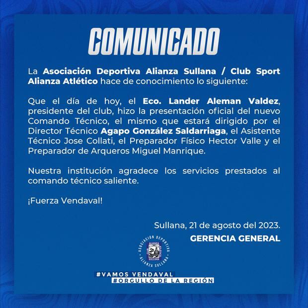 El comunicado de Alianza Atlético en redes sociales. (Foto: Alianza Atlético)