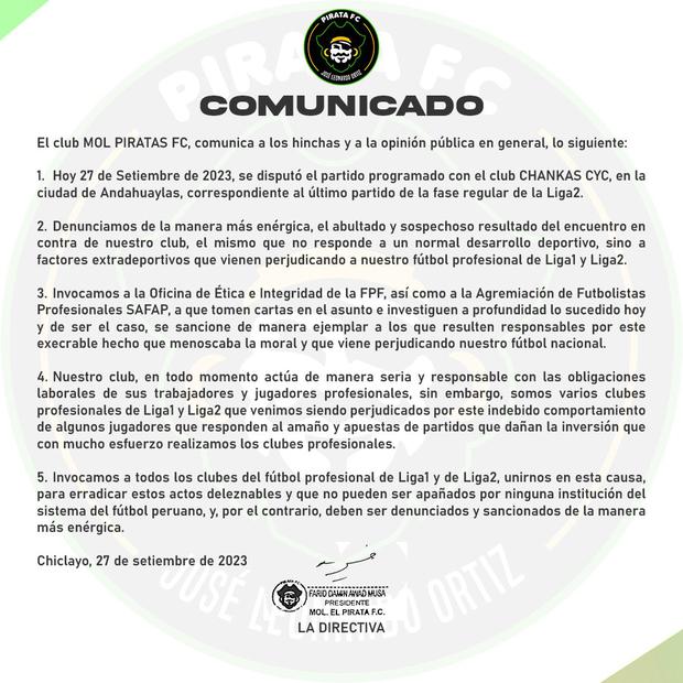 El comunicado de Pirata FC. (Captura: Twitter)