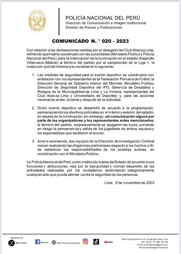 El comunicado de la PNP sobre el apagón en el Alianza Lima vs. Universitario.