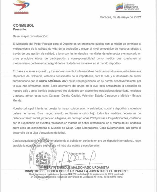 Venezuela envió una carta a Conmebol pidiendo ser sede de la Copa América 2021. (Captura: Twitter)