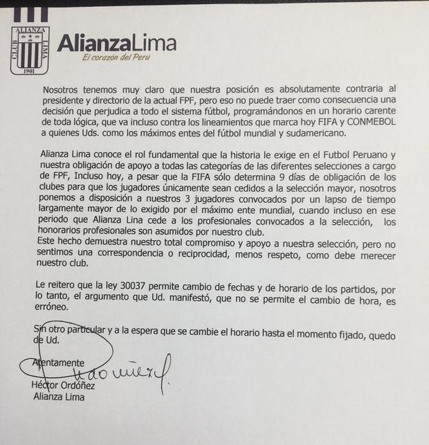 Solicitud de Alianza Lima respecto a su partido ante Atlético Grau. (Imagen: Alianza Lima)