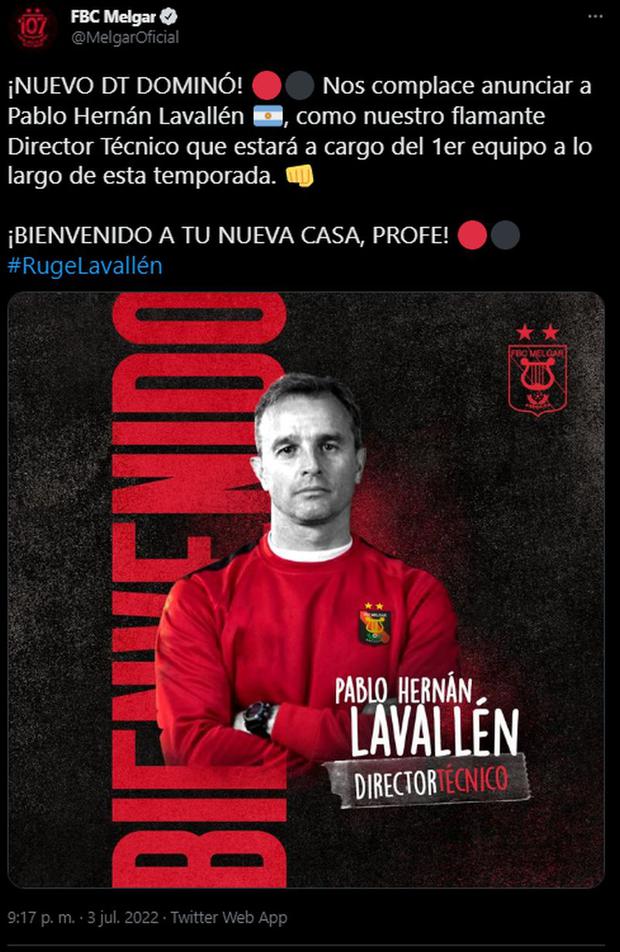 Pablo Lavallén fue anunciado como nuevo DT de Melgar. (Captura: Twitter)