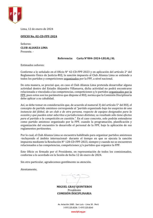 La carta enviada por la CD-FPF a Alianza Lima. (Foto: FPF)
