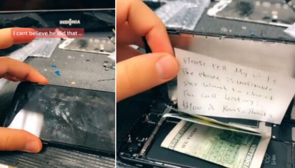 Un hombre decidió abrir un celular para repararlo y encontró un insólito mensaje acompañado de dinero. (Foto: @maniwarda / TikTok)