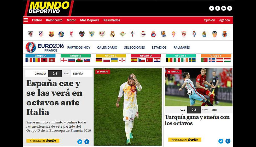 &quot;España cae y se las verá en octavos ante Italia&quot;, Mundo Deportivo.