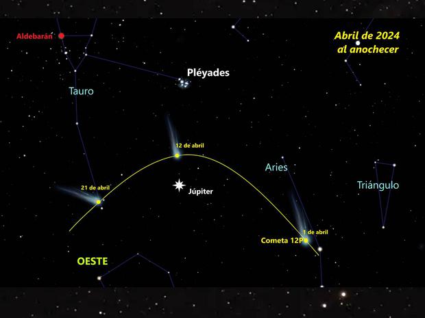 Esta es la imagen de la trayectoria del Cometa Diablo (12P/Pons-Brooks) con la app de Stellarium que se acercará el Sol el domingo 21 de abril del 2024. (Foto: Stellarium)