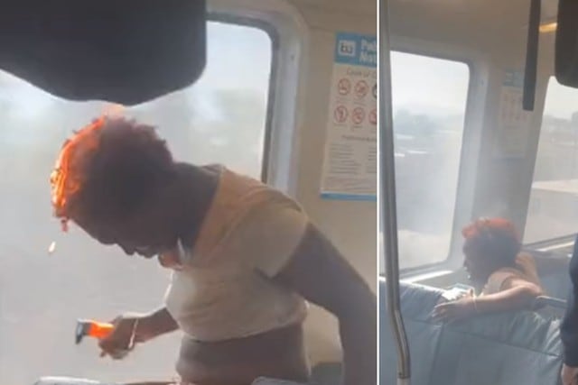 Foto 1 de 3 | La mujer tenía el cabello en llamas mientras viajaba en un tren. | Crédito: @ezgar510 en TikTok. (Desliza hacia la izquierda para ver más fotos)