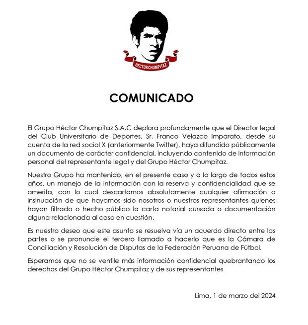 Comunicado del Grupo Chumpitaz sobre el 'caso Piero Quispe'. (Foto: Grupo Chumpitaz)