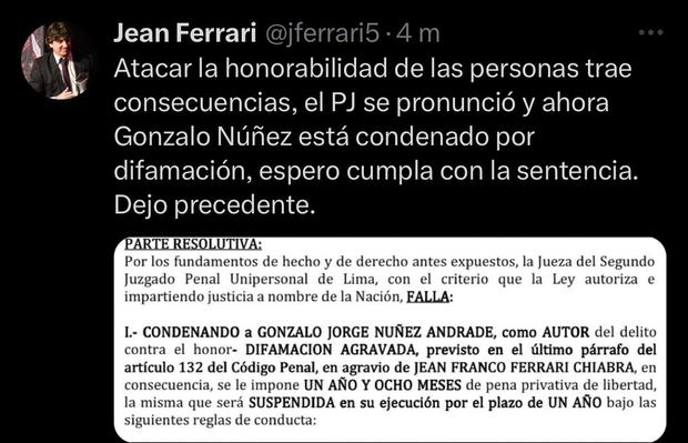 La postura de Ferrari sobre sentencia a Núñez. (Captura)