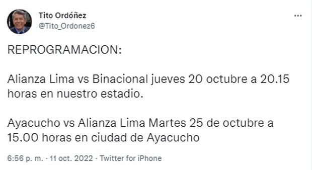 Delegado de Alianza Lima informó la reprogramación de los partidos ante Binacional y Ayacucho FC. (Foto: Twitter)