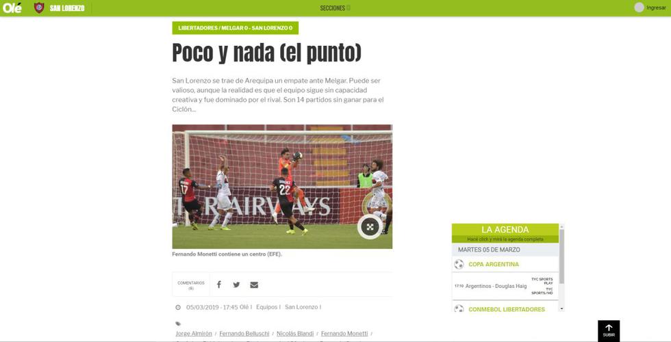 La reacción de la prensa argentina con el empate en Arequipa por la Copa Libertadores. (Fotos: Internet)