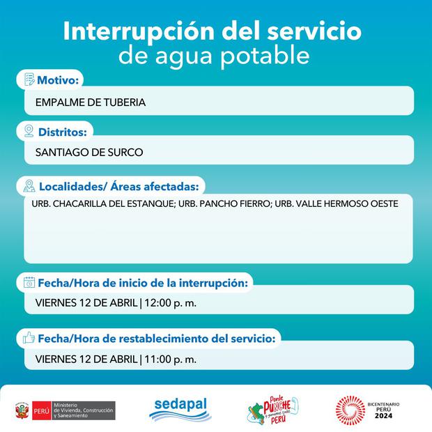 Sedapal anunci las zonas de Lima Metropolitana que no contarn con servicio de agua este 12 de abril. (Foto: Sedapal)