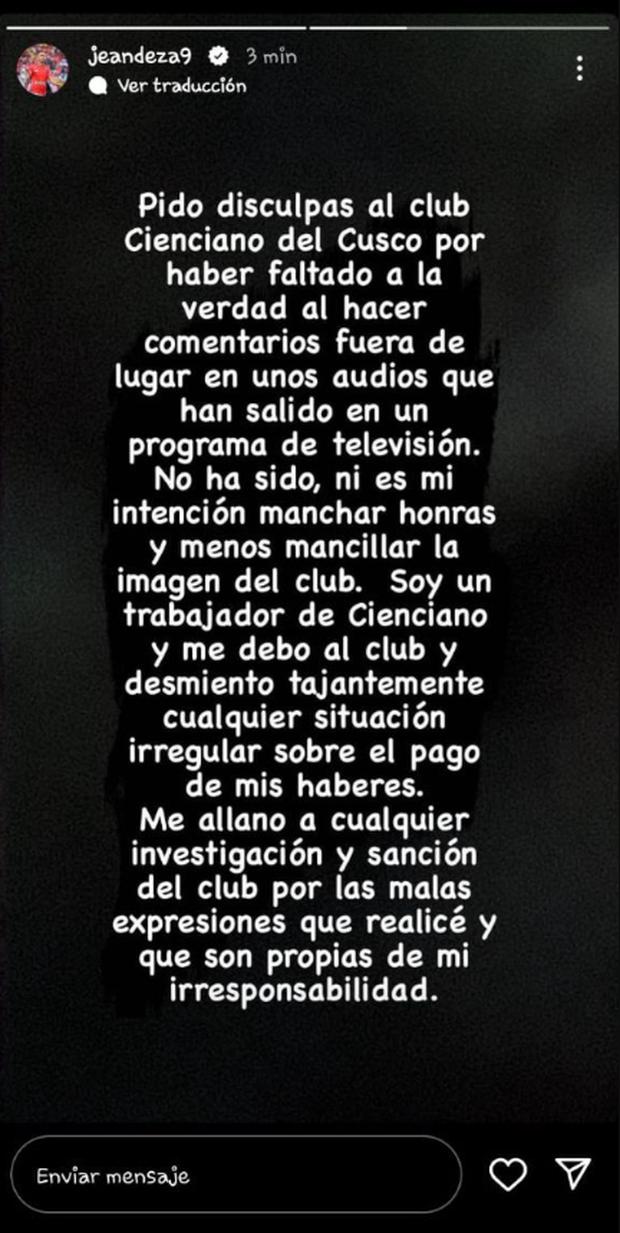 Jean Deza pidió disculpas por afirmar que Cienciano llevaba una doble contabilidad. (Foto: Instagram)