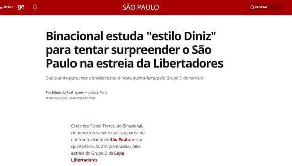 La reacción de la prensa brasilera sobre el duelo entre Sao Paulo y Binacional. (Foto: Captura)