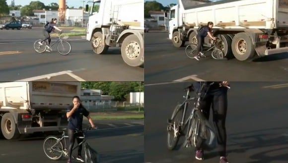 Un video viral muestra cómo una ciclista se salvó de ser atropellada por un camión de carga al intentar cruzar por una congestionada interesección en Paraná, Brasil. | Crédito: Globoplay