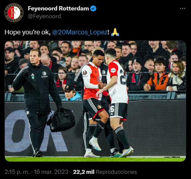 El mensaje del Feyenoord tras la lesión de Marcos López. (Imagen: Captura de Twitter)