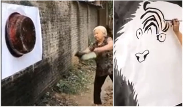 Una cosa de locos: anciana dibujó un tigre con una tina y su talento quedó grabado en redes sociales. (Foto: TikTok/Captura)