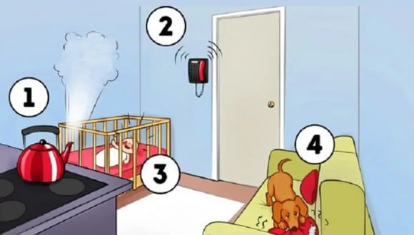 TEST VISUAL | Esta imagen te permite apreciar el interior de una casa, donde una tetera debe ser apagada, un bebé llora, un teléfono recibe una llamada y un perro muerde un cojín. (Foto: namastest.net)